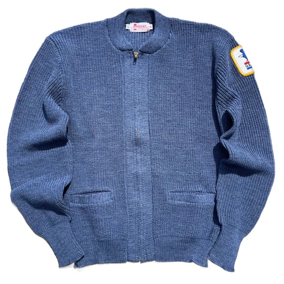 Vintage US Mail Man Wool Knit Zip Up Sweater Cardigan Blue 70s